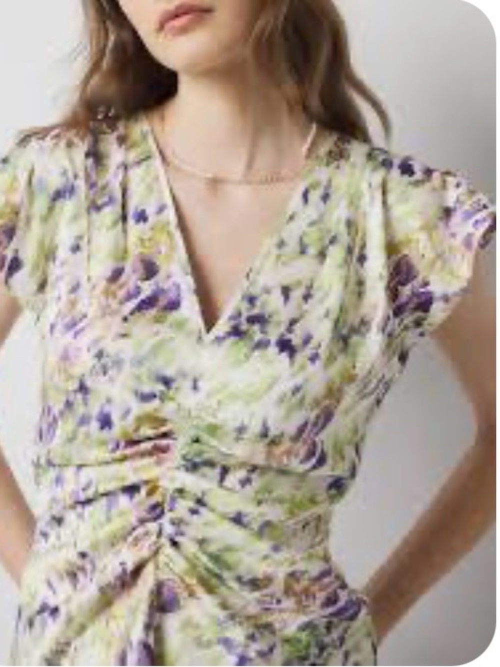 WHBM - Floral V-Neck Ruched Women’s Top in Lavender & Green